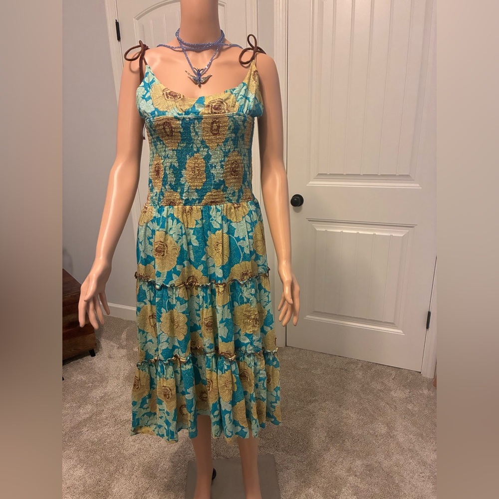 Free People Turquoise and Mustard Floral Midi Dress/high/low